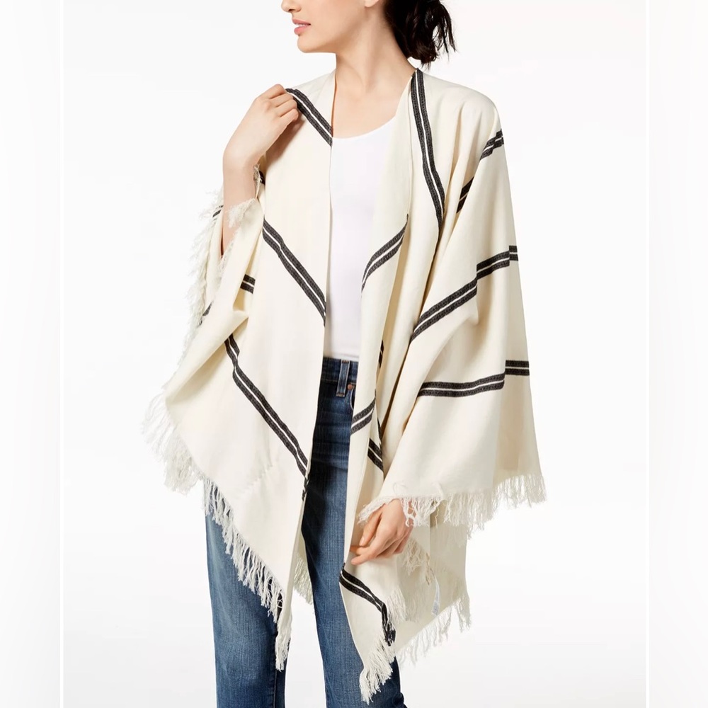 Eileen Fisher Striped Fringed Organic Cotton Poncho One Size